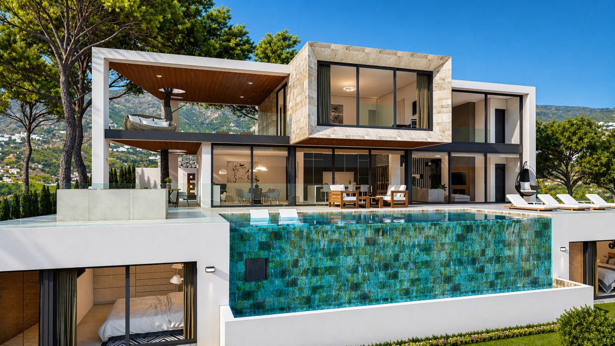Project visualisation — VILLA SIRIO SOTOGRANDE: Poolside façade with turquoise tiling and covered terraces.