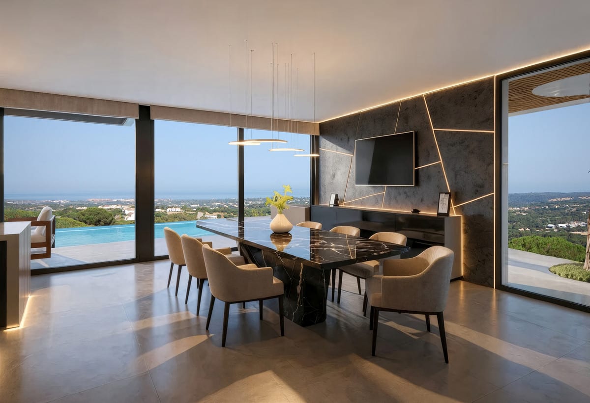 Project visualisation — VILLA SIRIO SOTOGRANDE: Dining room with a dark feature wall and large windows facing the landscape.