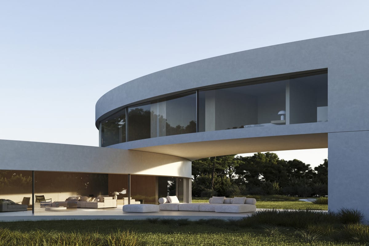 Exterior visualisation of VILLA STERN with a rounded upper floor, broad glazing and a covered terrace.