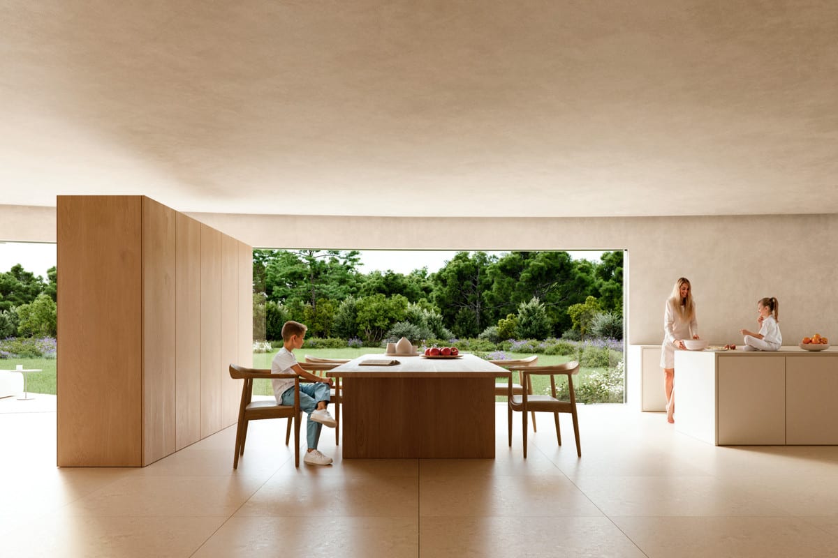 Dining-room visualisation at VILLA STERN with a wooden table and a wide opening towards the garden.