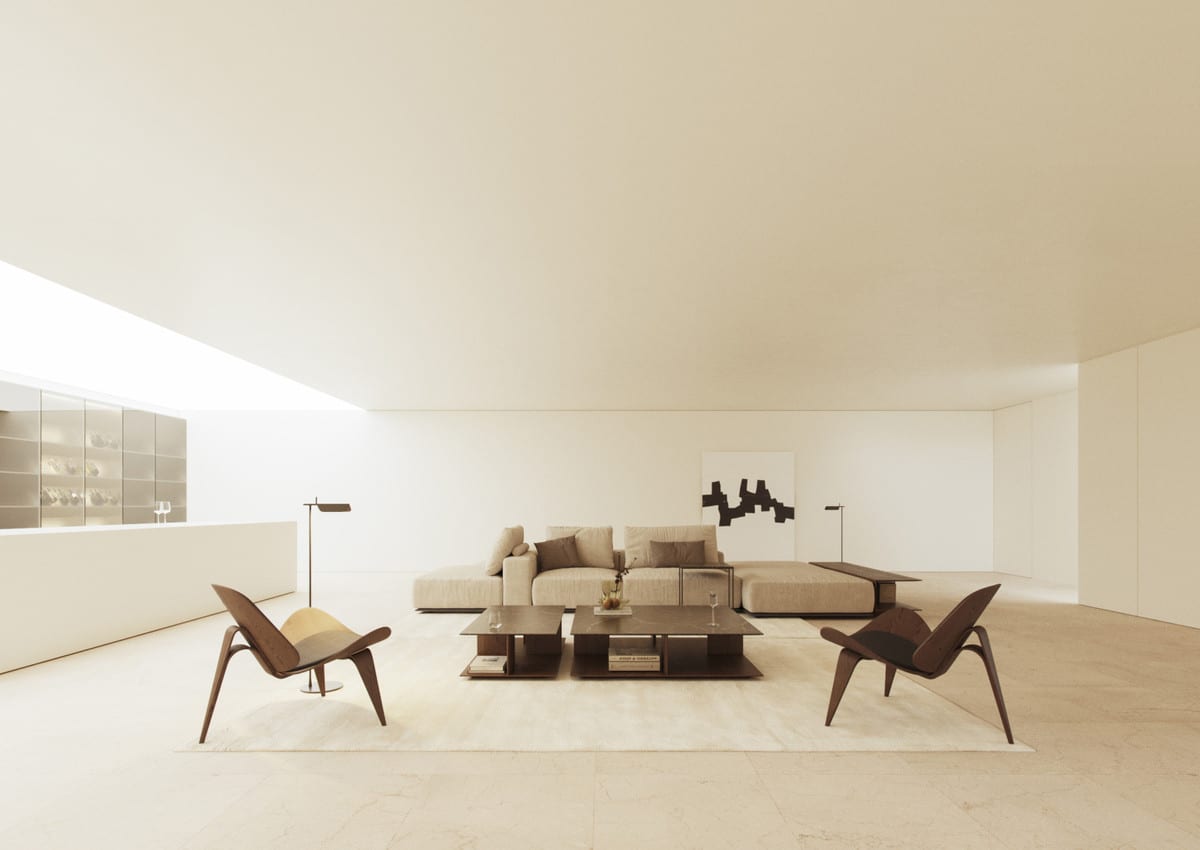 Living-room visualisation at VILLA STERN with a beige sofa, dark wooden armchairs and low coffee tables.