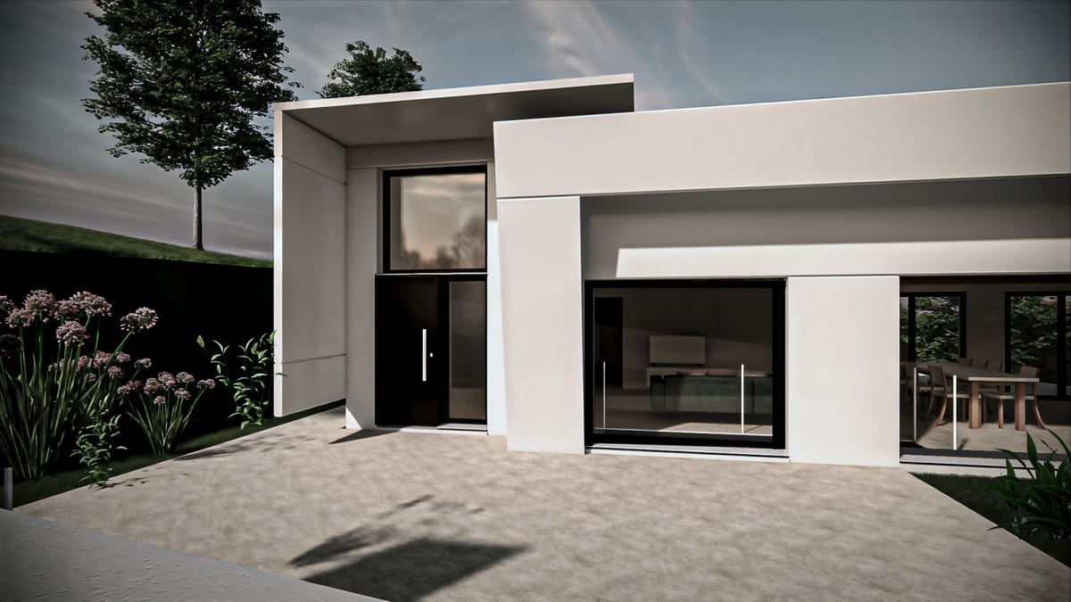 Visualisation of the entrance with tall glazing and a white façade.