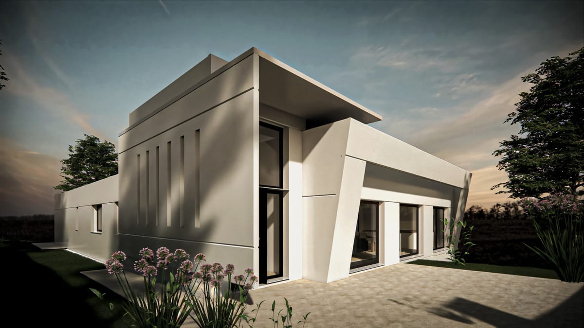 Oblique exterior view of the villa with offset façade sections and large windows.