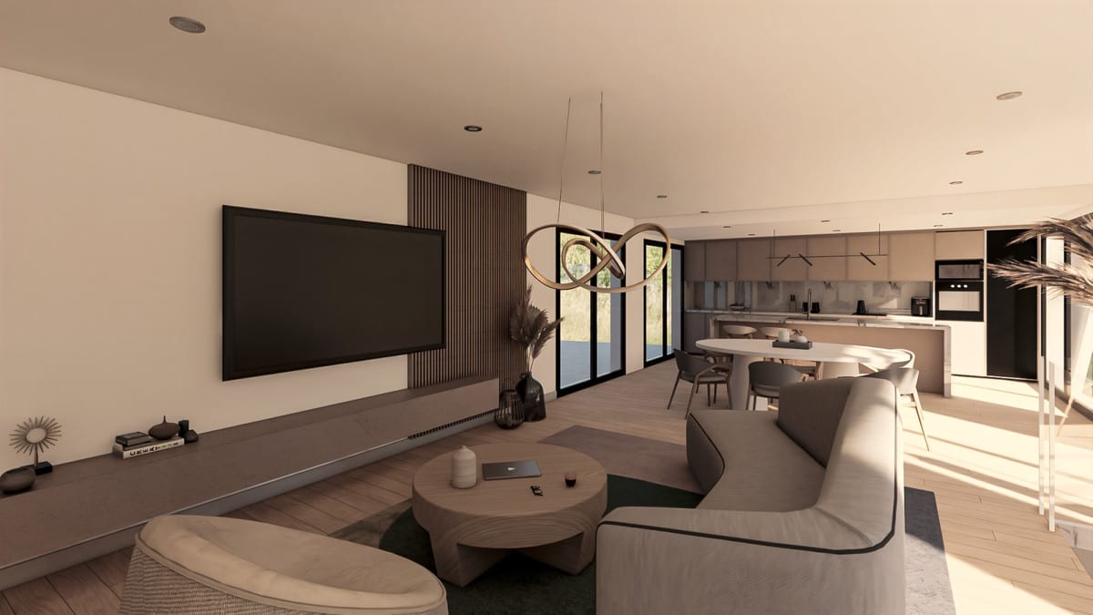 Interior visualisation with a seating area, dining area and open kitchen.