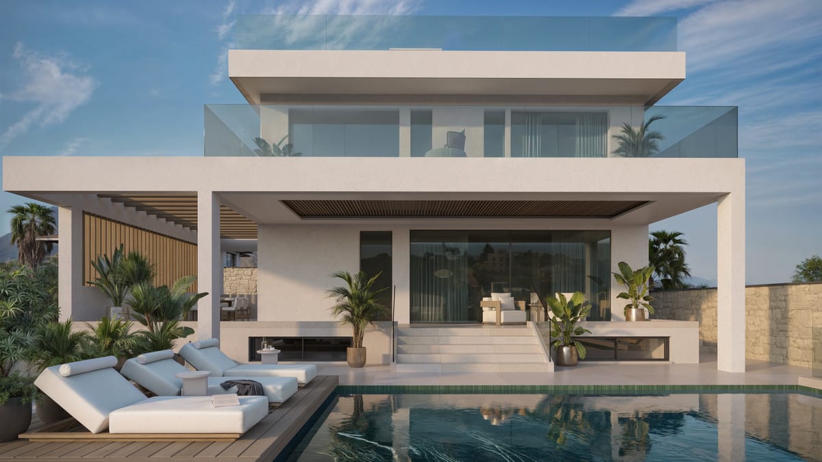 Exterior visualisation of the villa with pool, sun deck and planting.