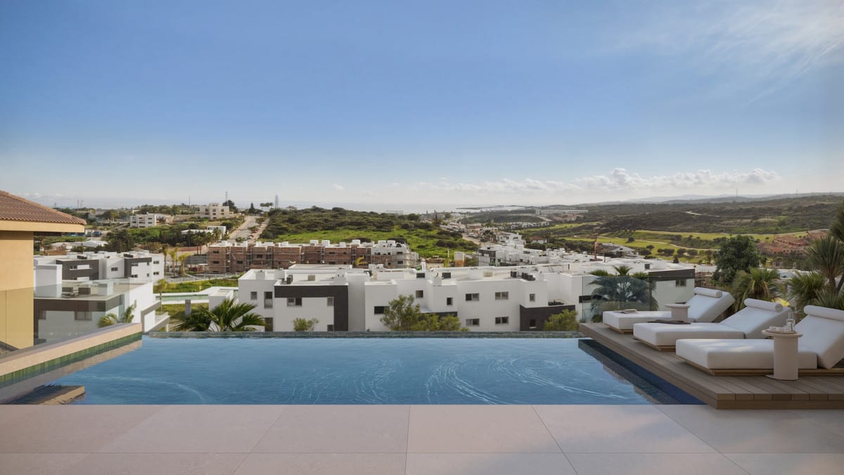 Visualisation from the pool towards surrounding buildings, hills and the distant horizon.