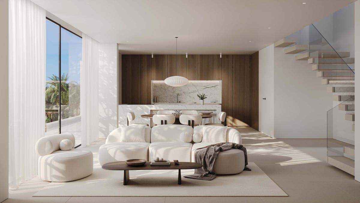Living room visualisation with the dining table, kitchen and staircase with glass balustrade.