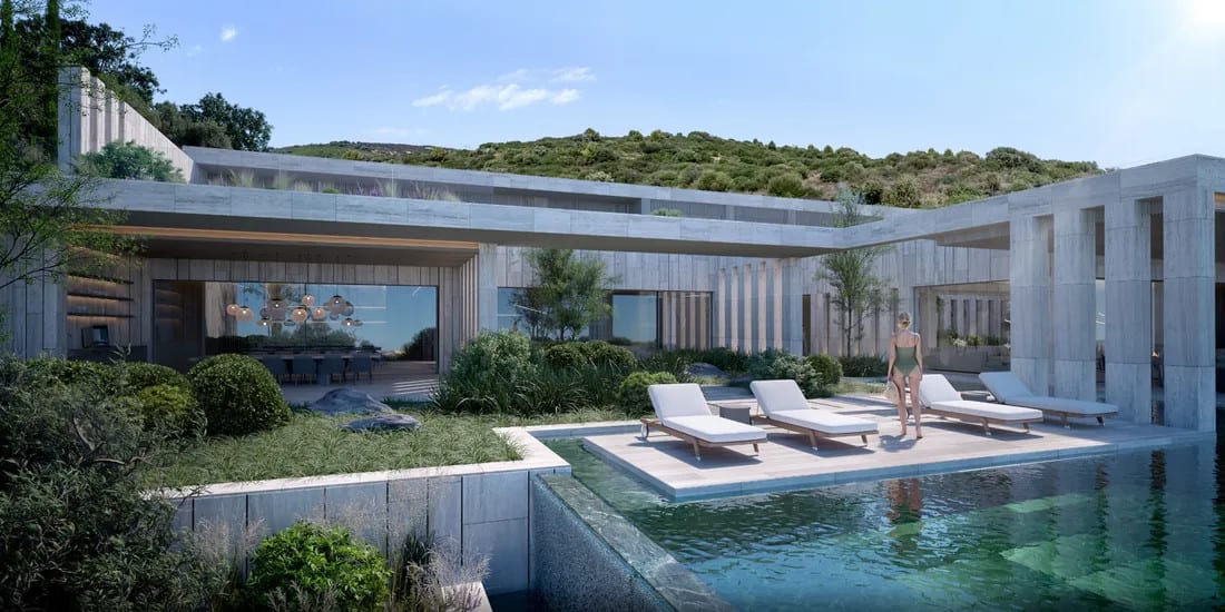 Aerial visualisation of VILLA VIDA - THE FIFTEEN showing the buildings, terraces and surrounding residential setting.