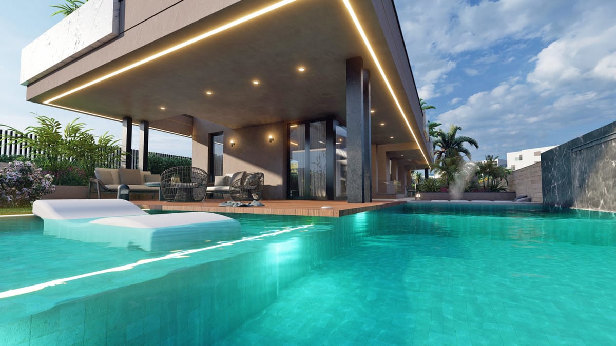 Pool-level visualisation with an in-water lounger and a covered terrace with seating.