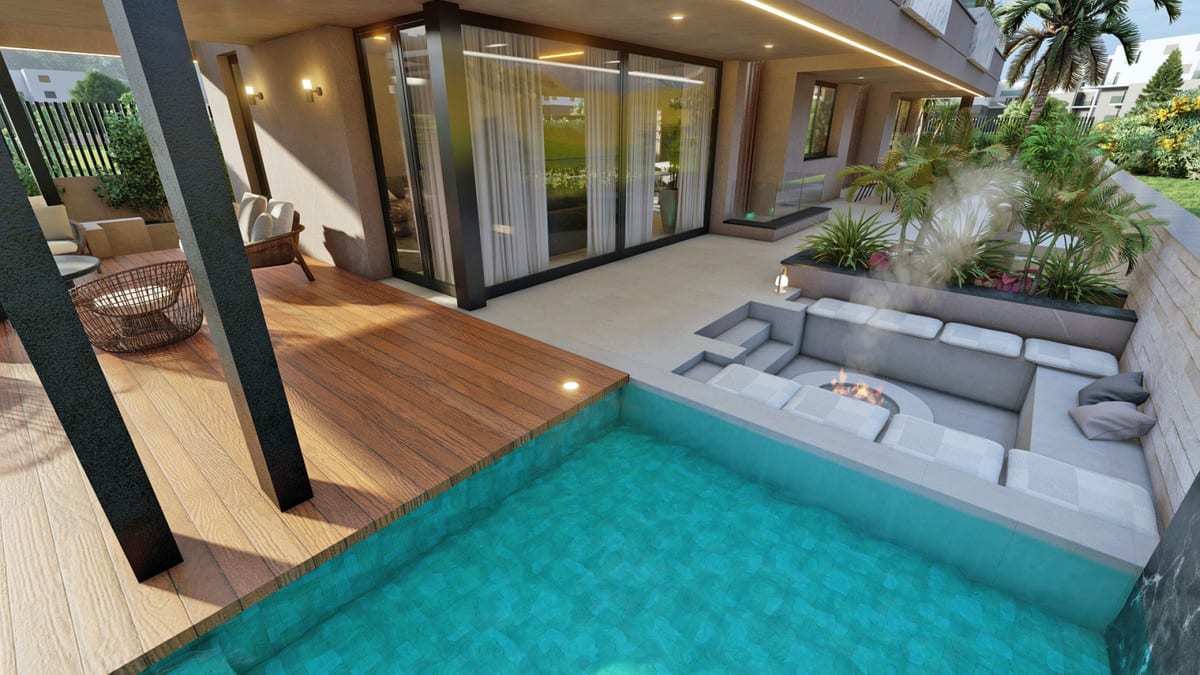 Visualisation of the poolside terrace with a sunken lounge and glass sliding doors.