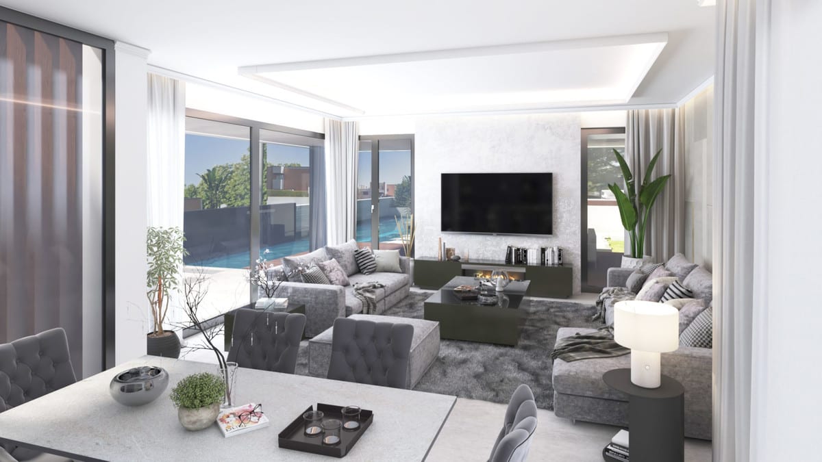 Visualisation of a living and dining area with a television, fireplace and large windows.