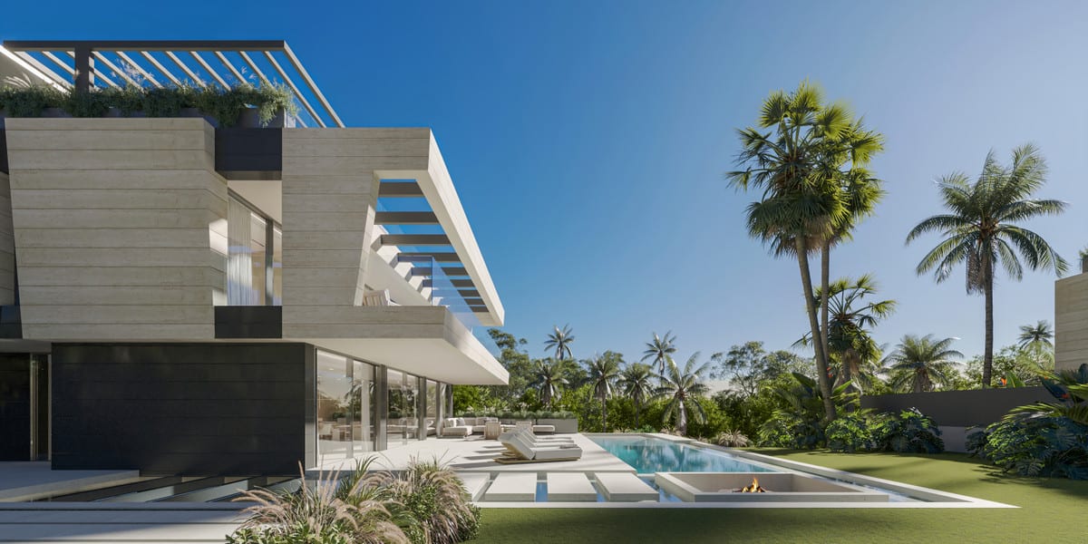 Side view of VIRREY 3 with a pool, terrace and tropical planting.