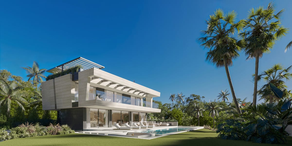 Garden visualisation of VIRREY 3 with a pool, sun loungers and lush planting around the villa.