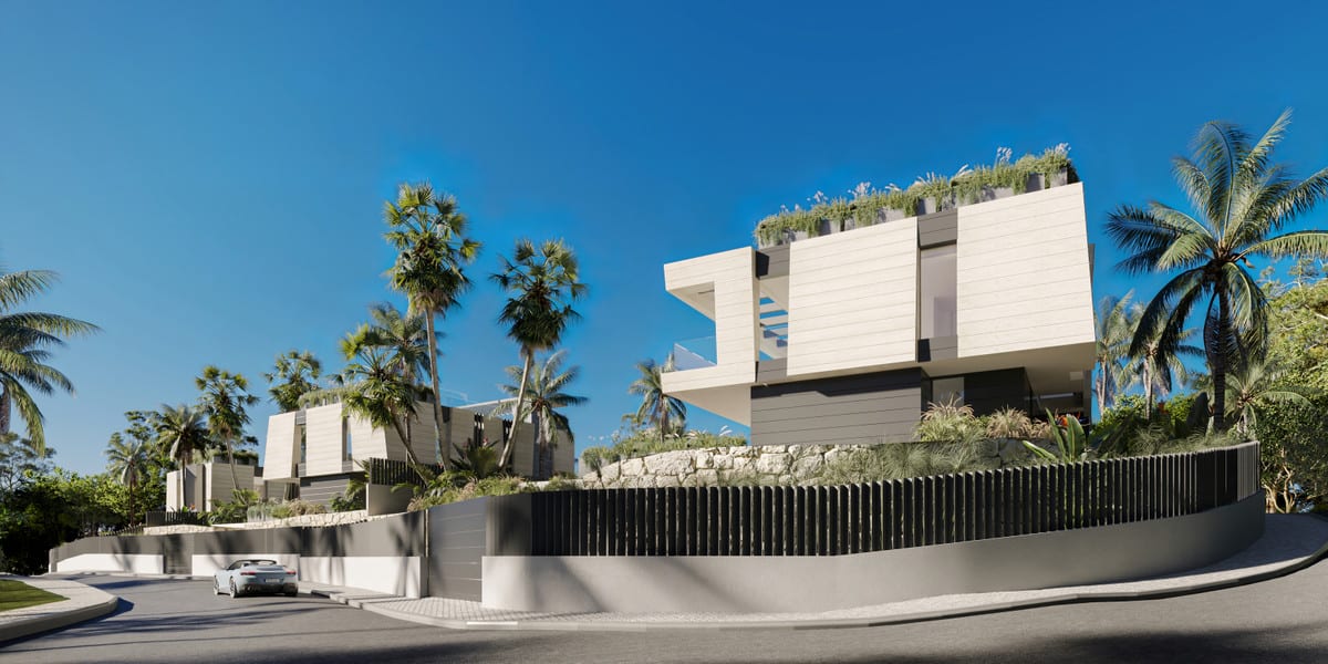 Street-side visualisation of VIRREY 3 with the villa façades behind a dark slatted boundary and palms.