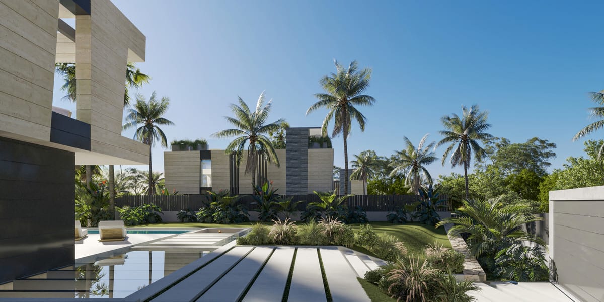 Exterior visualisation of VIRREY 3 with paving, lawn and tropical planting.