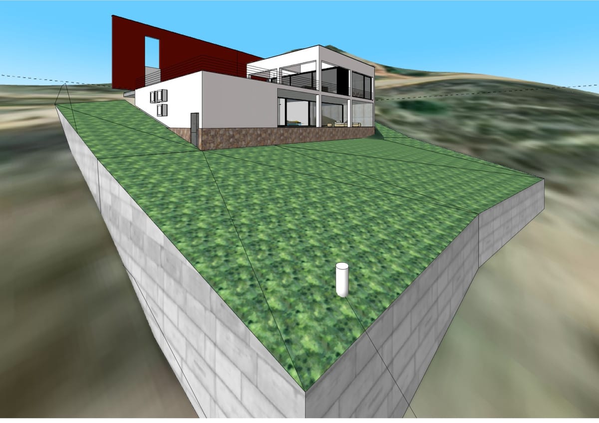 Schematic 3D design visualisation of VISTA DEL REY EVIDENT with white and grey volumes, a dark red upper floor, glazed façade sections, a stone plinth and a large green plot above grey concrete retaining walls.