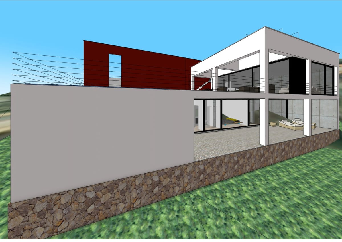 Schematic 3D design visualisation of VISTA DEL REY EVIDENT in side view, with a grey façade, stone plinth, large dark window frames, a dark red upper floor with a rectangular opening and cable balustrade.