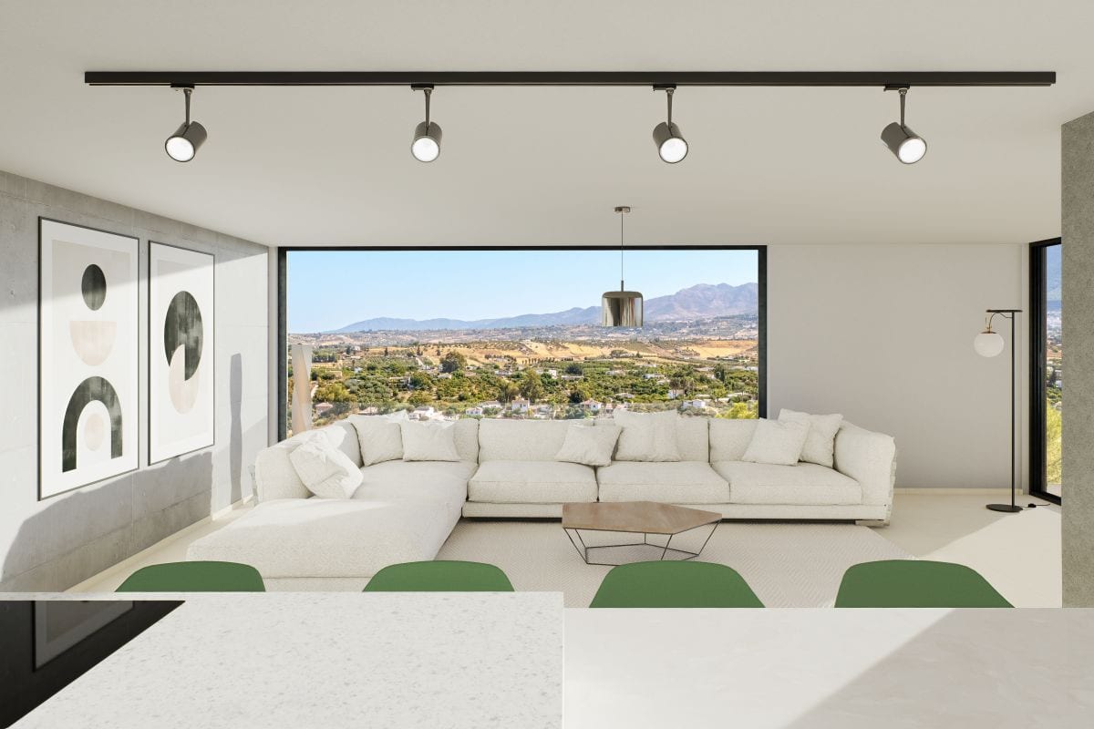 Photorealistic interior visualisation of VISTA DEL REY EVIDENT with a cream corner sofa, wooden coffee table, two framed abstract artworks, black track lighting, a pendant light and a large panoramic window with landscape views.