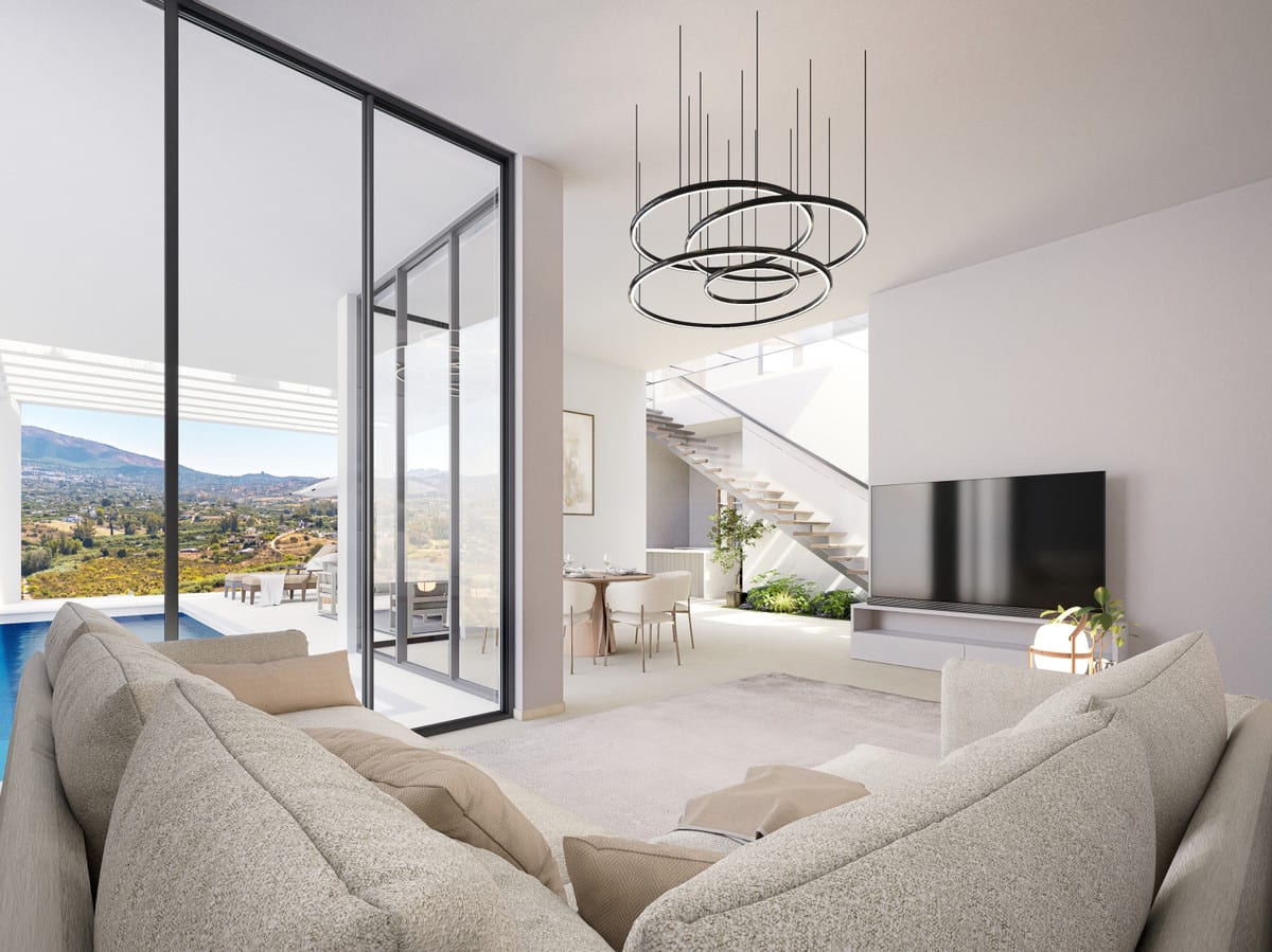 Interior visualisation of VISTA DEL REY MIA&AIM featuring a bright seating area, large black steel window frames with sliding doors, a television on a wall unit, dining table, open staircase and a ring-shaped pendant light.