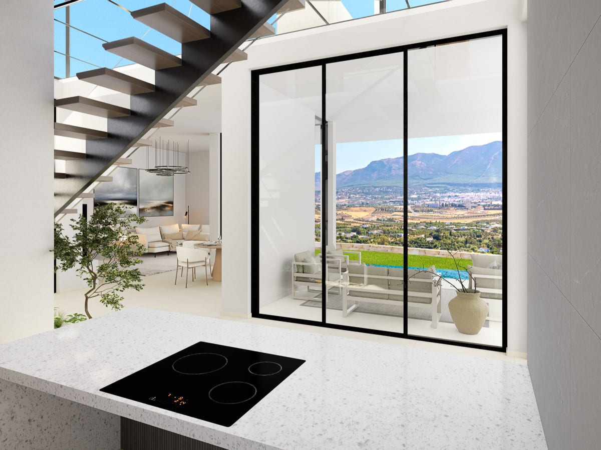 Interior visualisation of VISTA DEL REY MIA&AIM with a white stone-effect worktop, a black induction hob, a dark floating staircase and glass sliding doors leading to an outdoor seating area with mountain views.