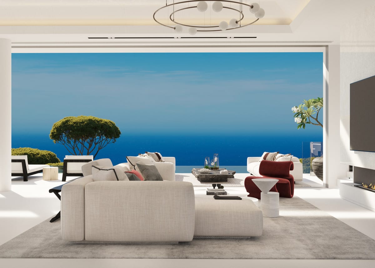 Living-room visualisation of VISTA LAGO RESIDENCES with a circular pendant light, fireplace and burgundy armchair, opening onto the terrace and sea view.