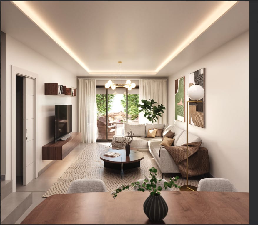 Project visualisation of VISTANOVA 6 featuring a seating area, wooden TV unit, round coffee table and glass sliding doors leading outside.