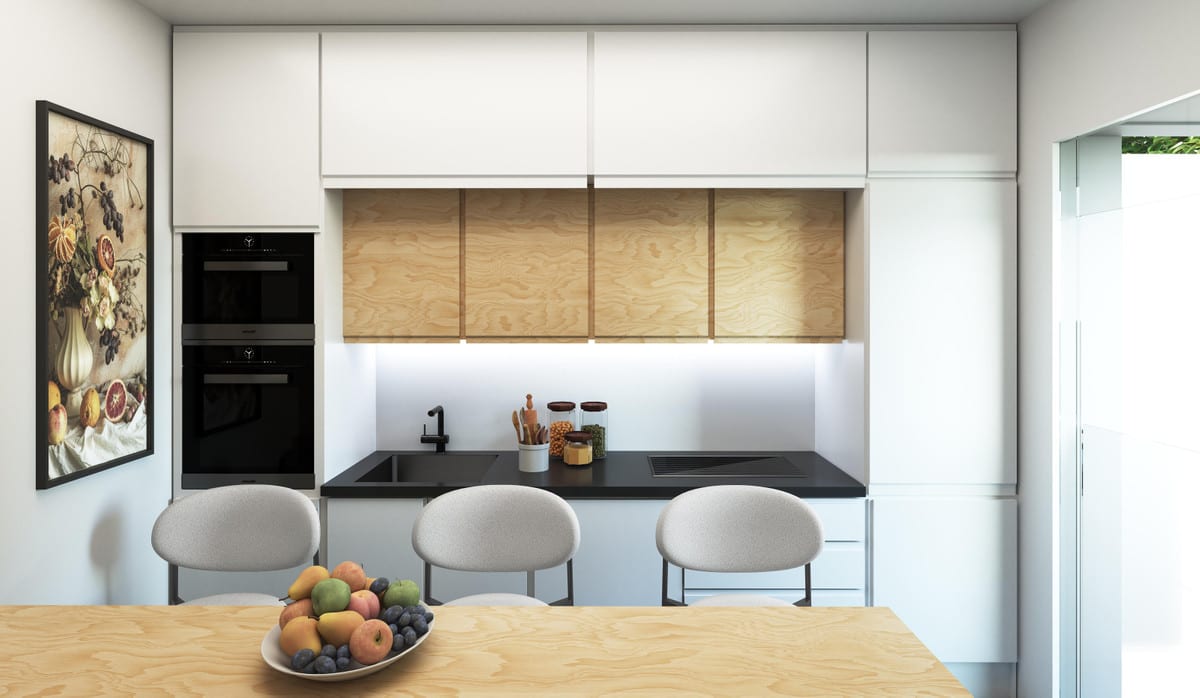 Project visualisation of VISTANOVA 6 featuring a kitchen with white and wood-effect cabinets, a black worktop, built-in ovens and a dining table.