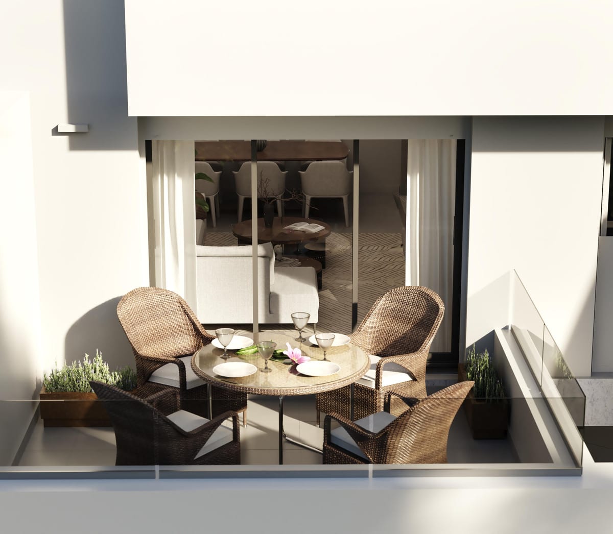 Project visualisation of VISTANOVA 6 featuring an outdoor area with a glass balustrade, round table, four woven chairs and planters.