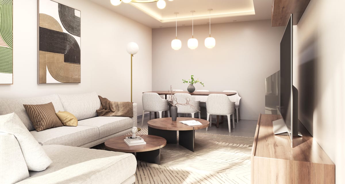 Project visualisation of VISTANOVA 6 featuring a seating area, two round wooden coffee tables, television and dining table with chairs.
