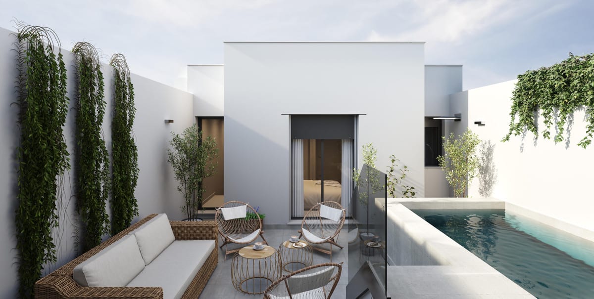 Project visualisation of VISTANOVA 6 featuring a white façade, terrace with woven seating, green wall planting and swimming pool.