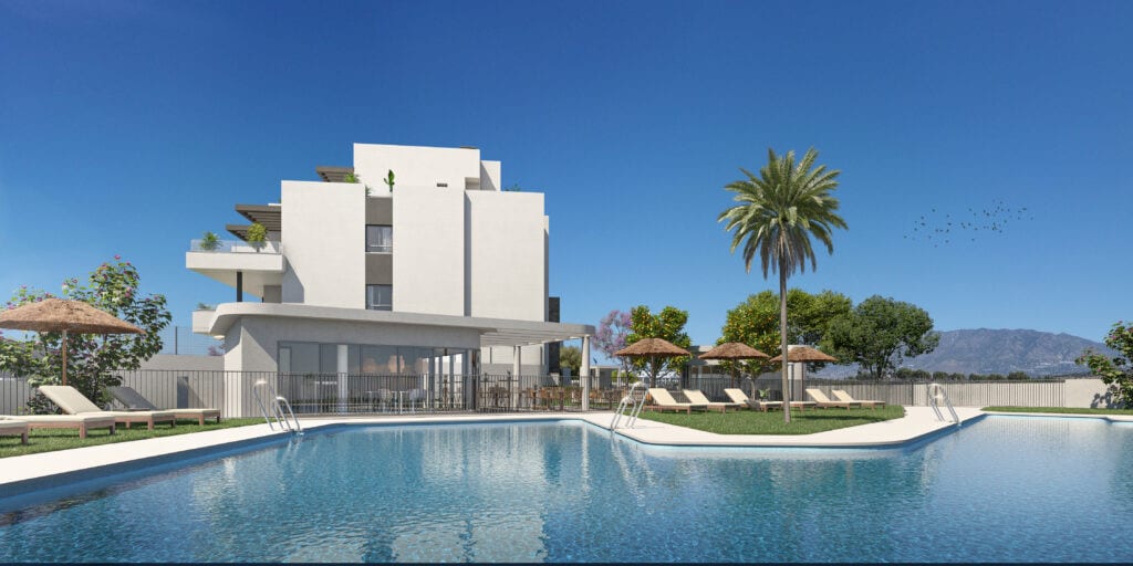 Project visualisation of VITTA MARINA with a large swimming pool in the foreground, sun loungers, thatched parasols, a palm tree and a white building in the background.