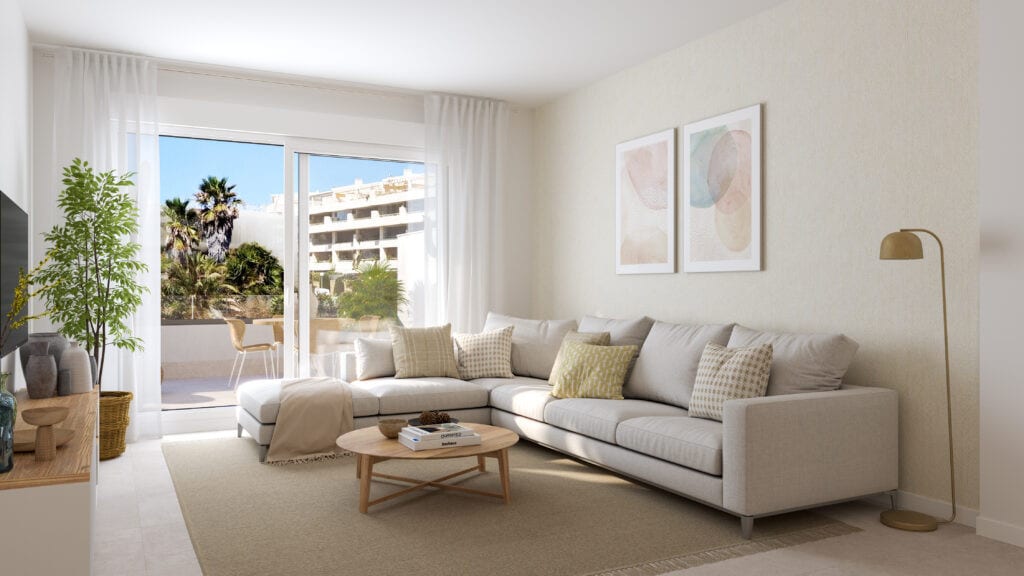 Project visualisation of the living room at VITTA MARINA with a light grey corner sofa, round wooden coffee table, floor lamp and sliding doors with white curtains leading to the terrace.