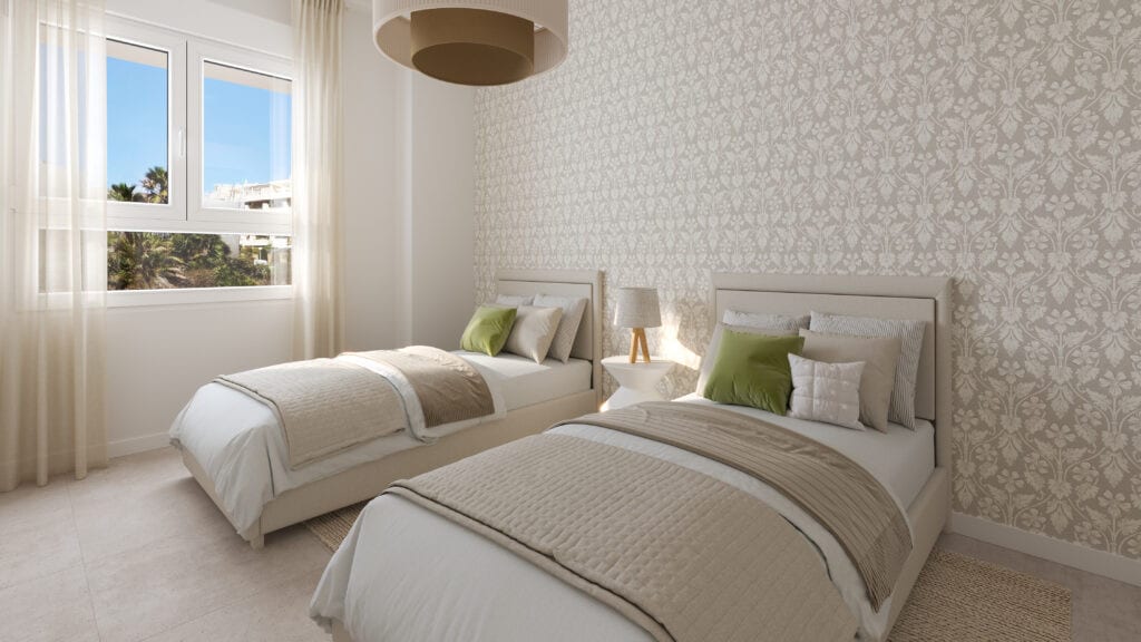 Project visualisation of a bedroom at VITTA MARINA with two single beds, beige bedding, green accent cushions, floral-patterned wallpaper and a window with white curtains.