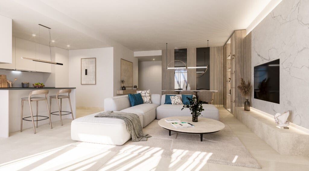Interior visualisation of ZENITH ESTEPONA with an open-plan kitchen, breakfast bar with bar stools, white corner sofa, round coffee table and a marble-effect wall with television.