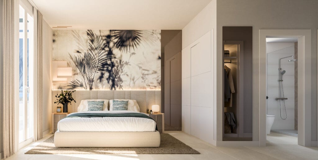 Interior visualisation of ZENITH ESTEPONA with a bedroom, double bed, decorative botanical wall print, fitted wardrobe and an adjoining bathroom with shower and toilet visible through the open door.