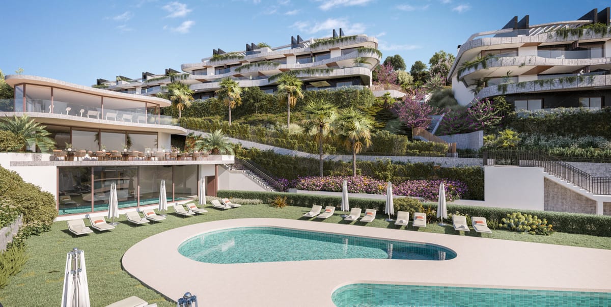 Project visualisation of ZEW ELVIRIA with two swimming pools, sun loungers, parasols and terraces against a landscaped hillside.