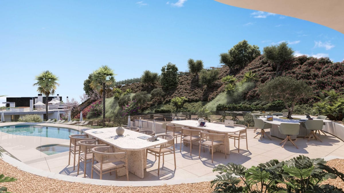 Project visualisation of ZEW ELVIRIA with a poolside terrace, dining tables, chairs and glass balustrades among palms and flowering planting.