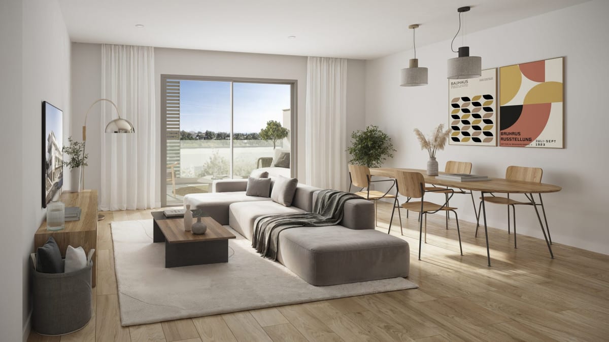 Project visualisation of ZINNIA featuring a bright living and dining room, a modular sofa with chaise longue, wooden dining table and sliding doors to the terrace.