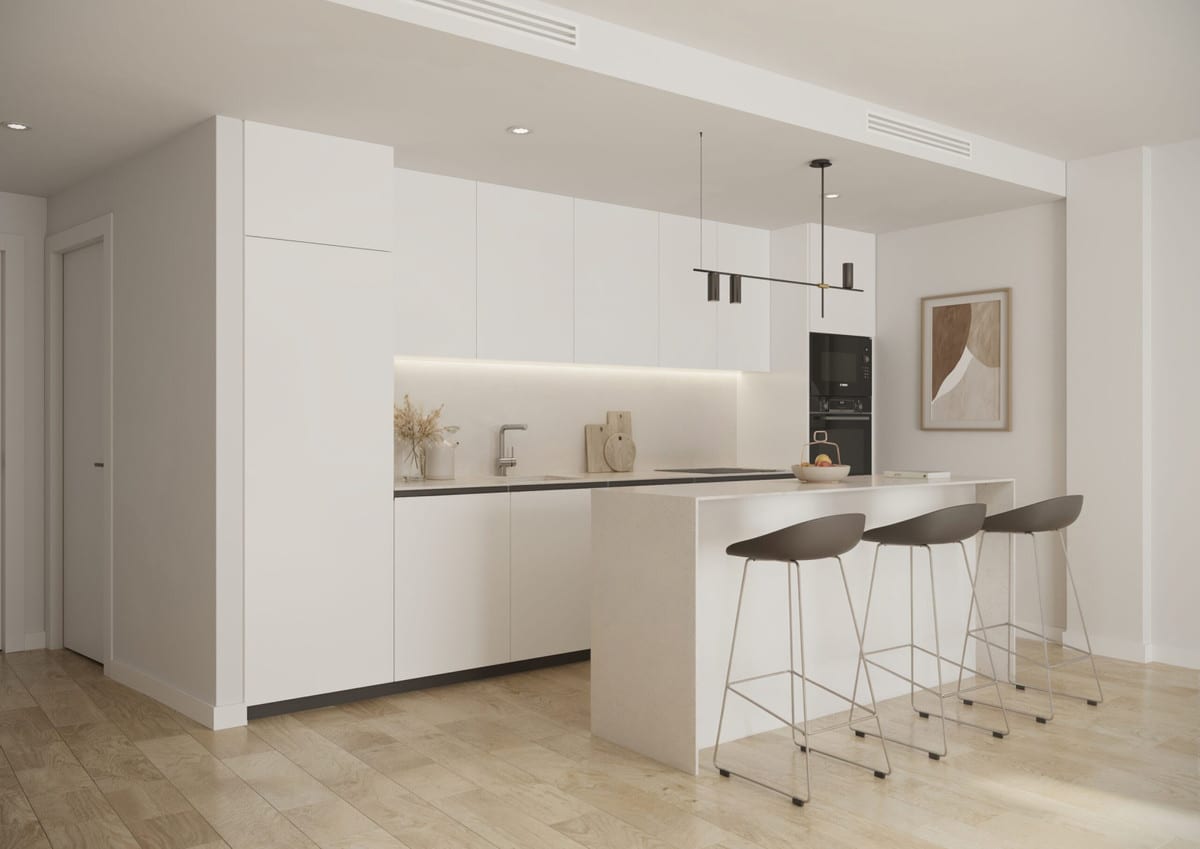 Project visualisation of ZINNIA featuring a white kitchen, a wall of cabinetry with under-cabinet lighting, a kitchen island and three bar stools.