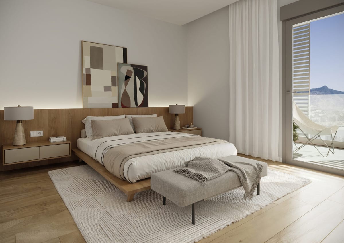 Project visualisation of ZINNIA featuring a bedroom, wooden bed surround, bedside tables, a bench at the foot of the bed and sliding doors to the outside.