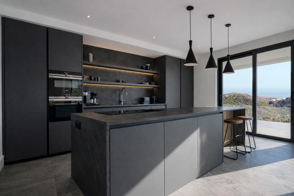 ZOE LUXE: Kitchen with an island and fitted cabinetry.