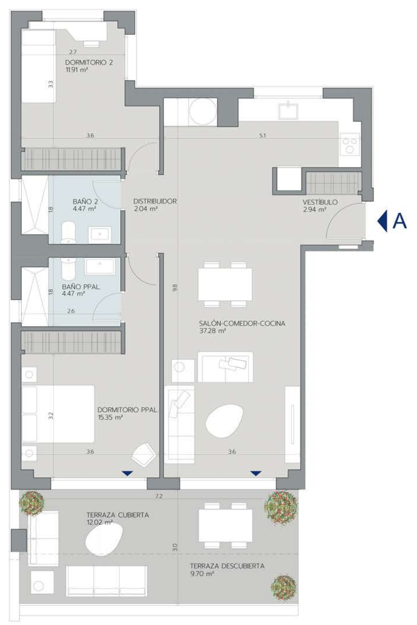 Plantegningsudsnit for opgang 2, første sal A i ABY MIDDLE, med to soveværelser til venstre, to badeværelser, indgang til højre og åben stue og køkken med adgang til en delvist overdækket terrasse.