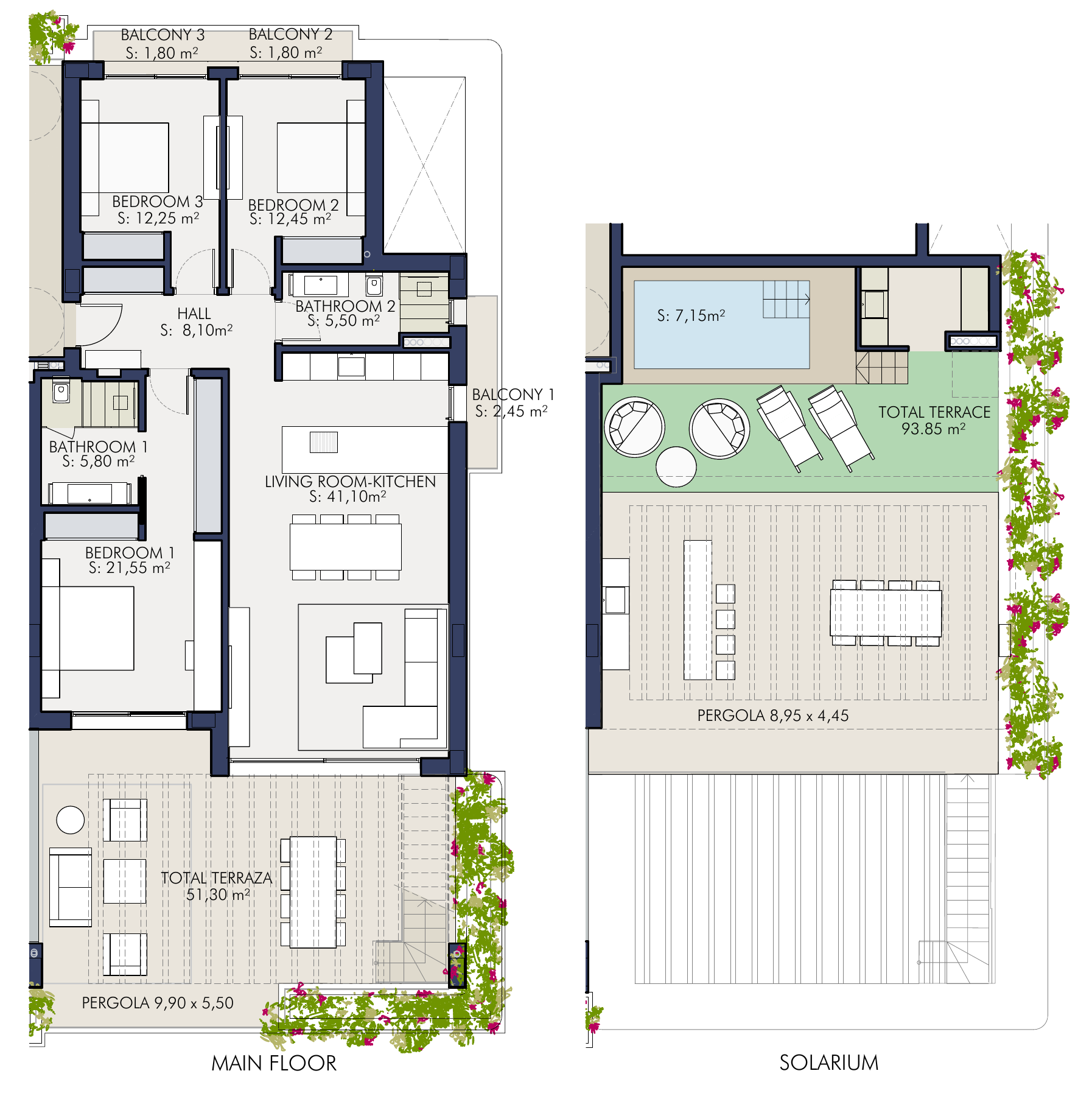 Tegning af bolig 108 i ALMINA RESIDENCES: til venstre hovedplanet med tre soveværelser, to badeværelser, åben stue og køkken, altaner og terrasse; til højre solarium med indtegnet pool og pergola.