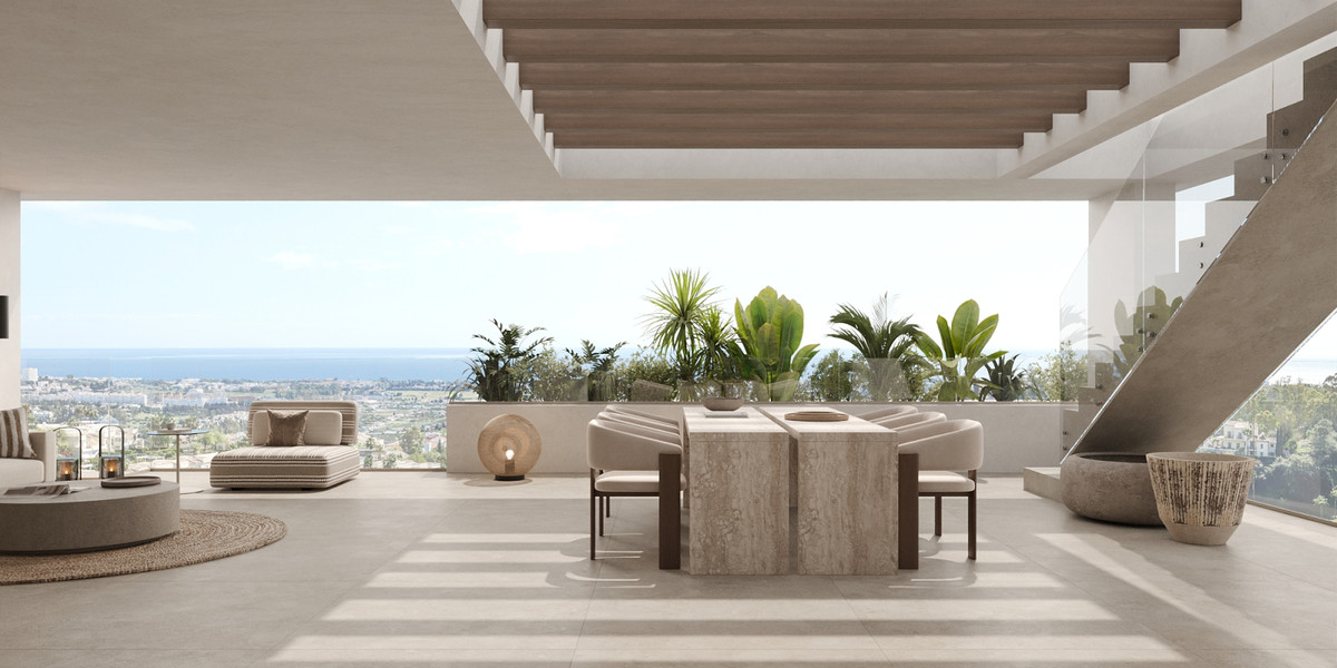 Visualisering af en overdækket terrasse med spisebord, daybed, planter, glasværn og trappe; havet ses bag bygningerne.