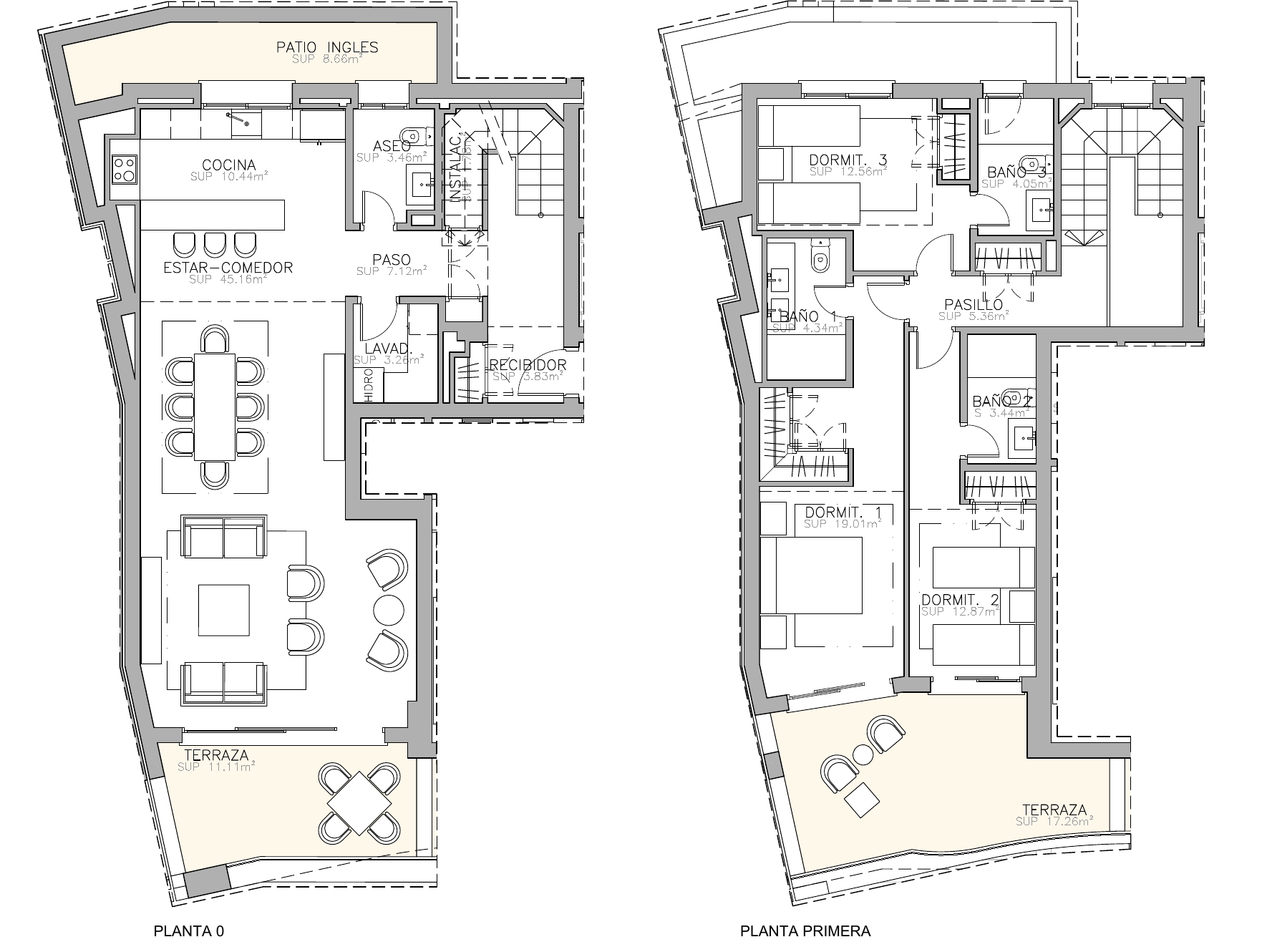Grundriss von BREEZE Wohnung 203 mit Wohnraum, Küche, Terrasse und Gäste-WC unten sowie drei Schlafzimmern, zwei Bädern und einer Terrasse oben.