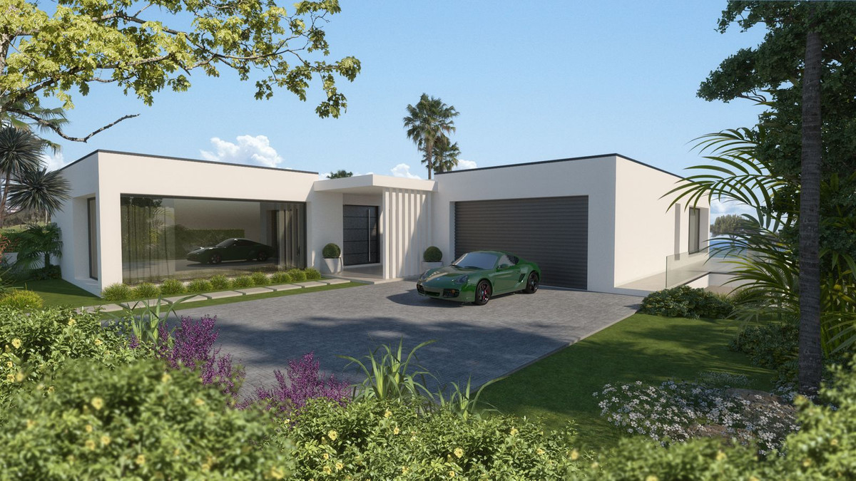 Gadevisning med villaens indgang, træafskærmning på facaden, garage og illustrerede biler; køretøjerne indgår ikke i tilbuddet.
