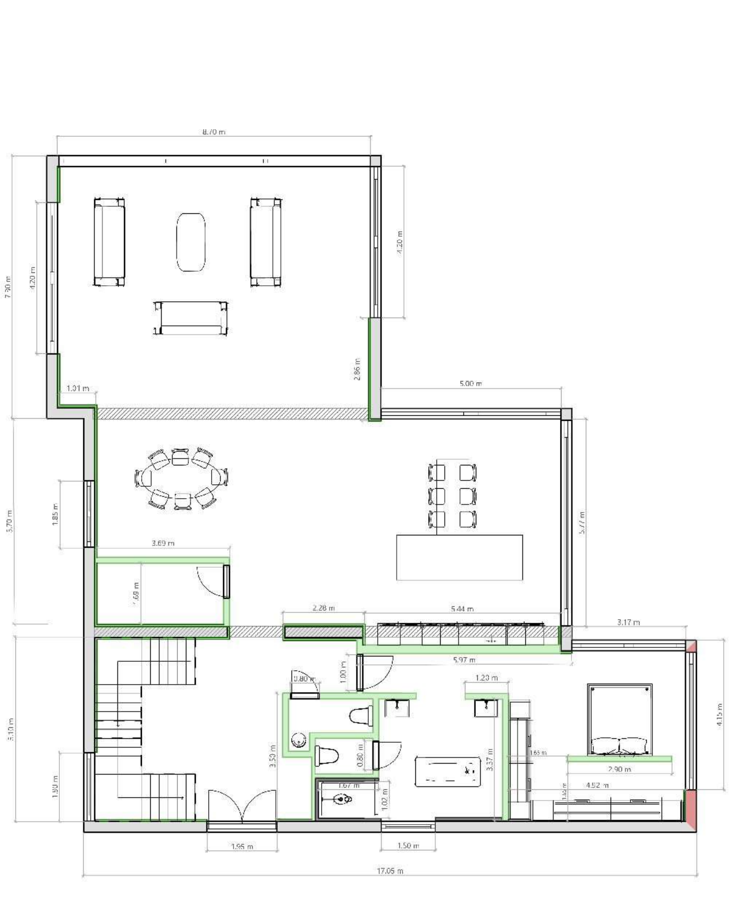 Udsnit fra Villa 11.pdf: siddegruppe med tre sofaer øverst, spisebord og åbent køkken med ø i midten, entré og trappe nederst til venstre og soveværelse med badeværelse til højre; mållinjer og skillevægge er synlige.