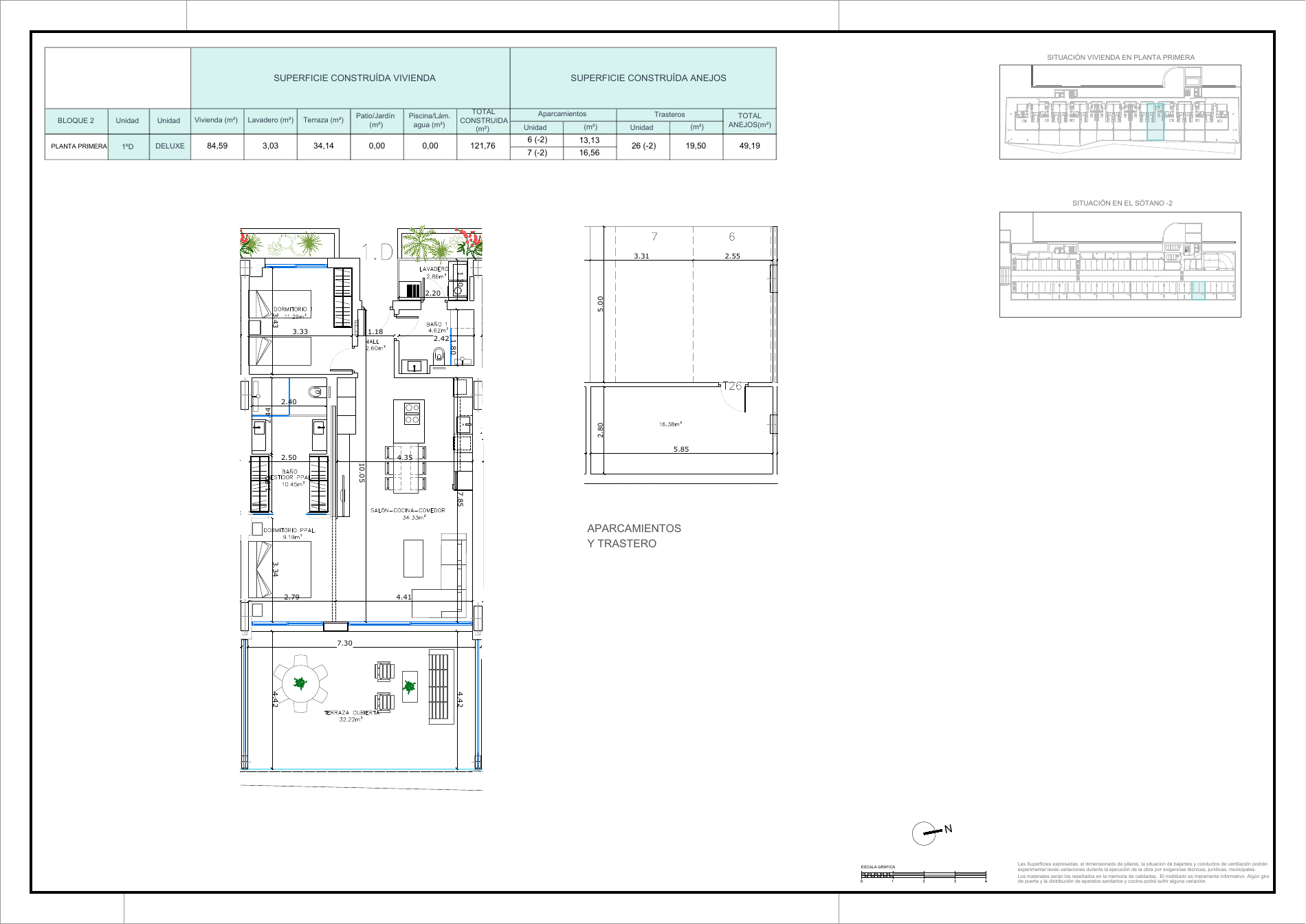 Kontraktstegningen for bolig 1D viser to soveværelser, to badeværelser, åben stue med køkken, vaskerum og overdækket terrasse. Parkeringspladser og depotrum er tegnet separat.