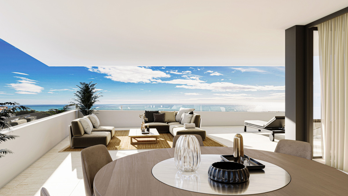 Visualisering af en overdækket terrasse med havemøbler og havudsigt, som viser et eksempel på boligens indretning.