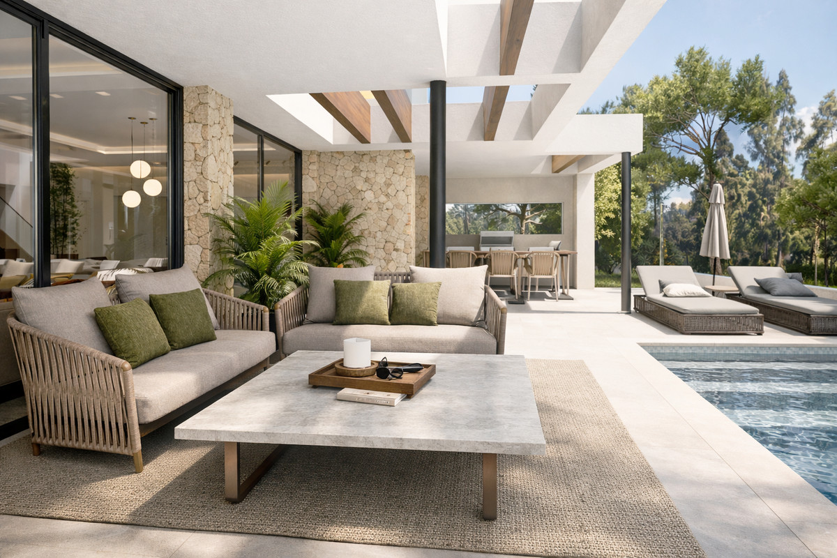 Terrassevisualisering med lyse sofaer, grønne puder og et lavt bord under en åben bjælkekonstruktion; liggestole står ved poolkanten til højre.